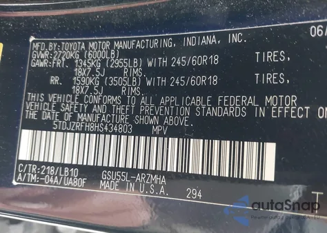 2017 Toyota Highlander Xle из США, поврежденный, VIN 5TDJZRFH8HS434803